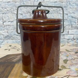 Vintage Stoneware Ceramic Crock with Locking Lid Heavy Brown Canister